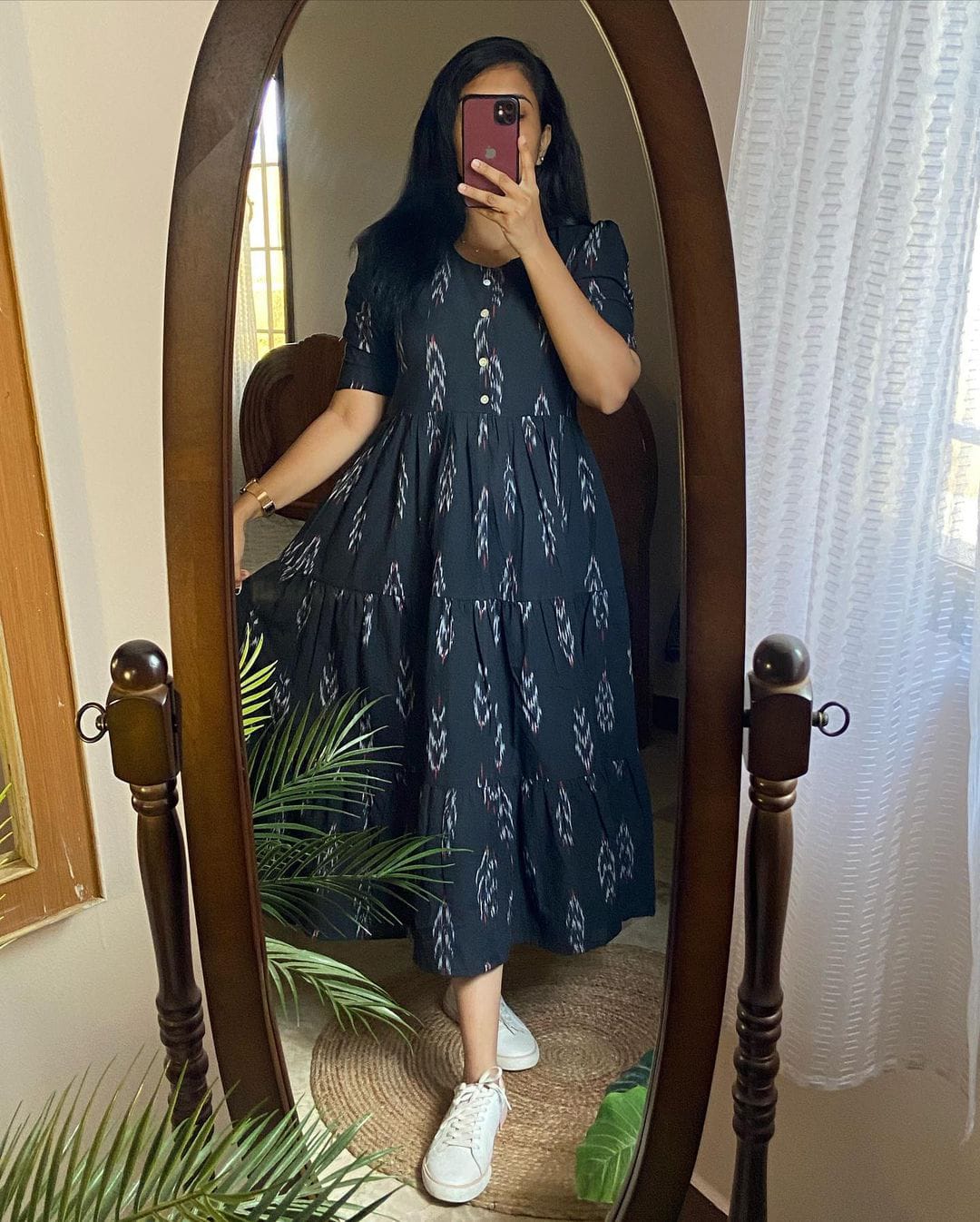 Black Ikkat Print Cotton Flair Middy Gown - 47" Length, 61" Flair