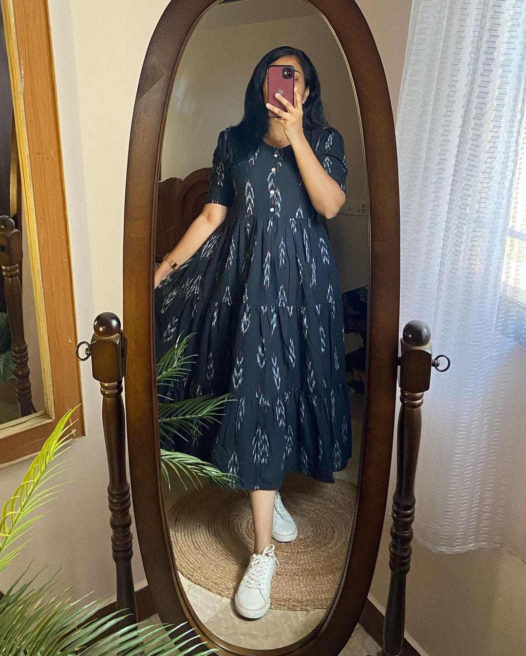 Black Ikkat Print Cotton Flair Middy Gown - 47" Length, 61" Flair