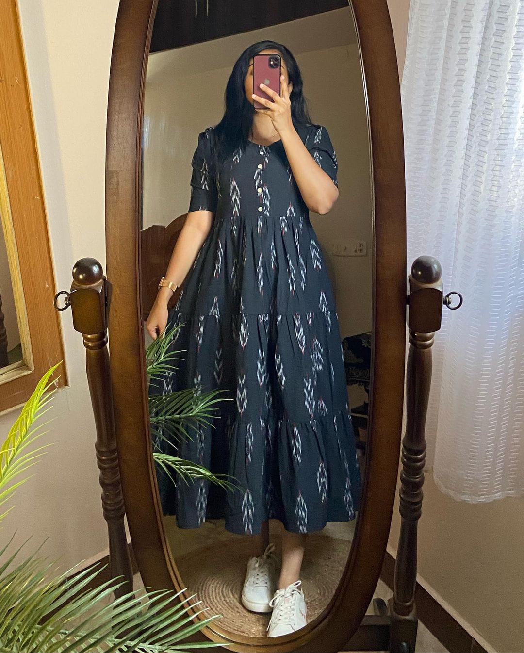 Black Ikkat Print Cotton Flair Middy Gown - 47" Length, 61" Flair