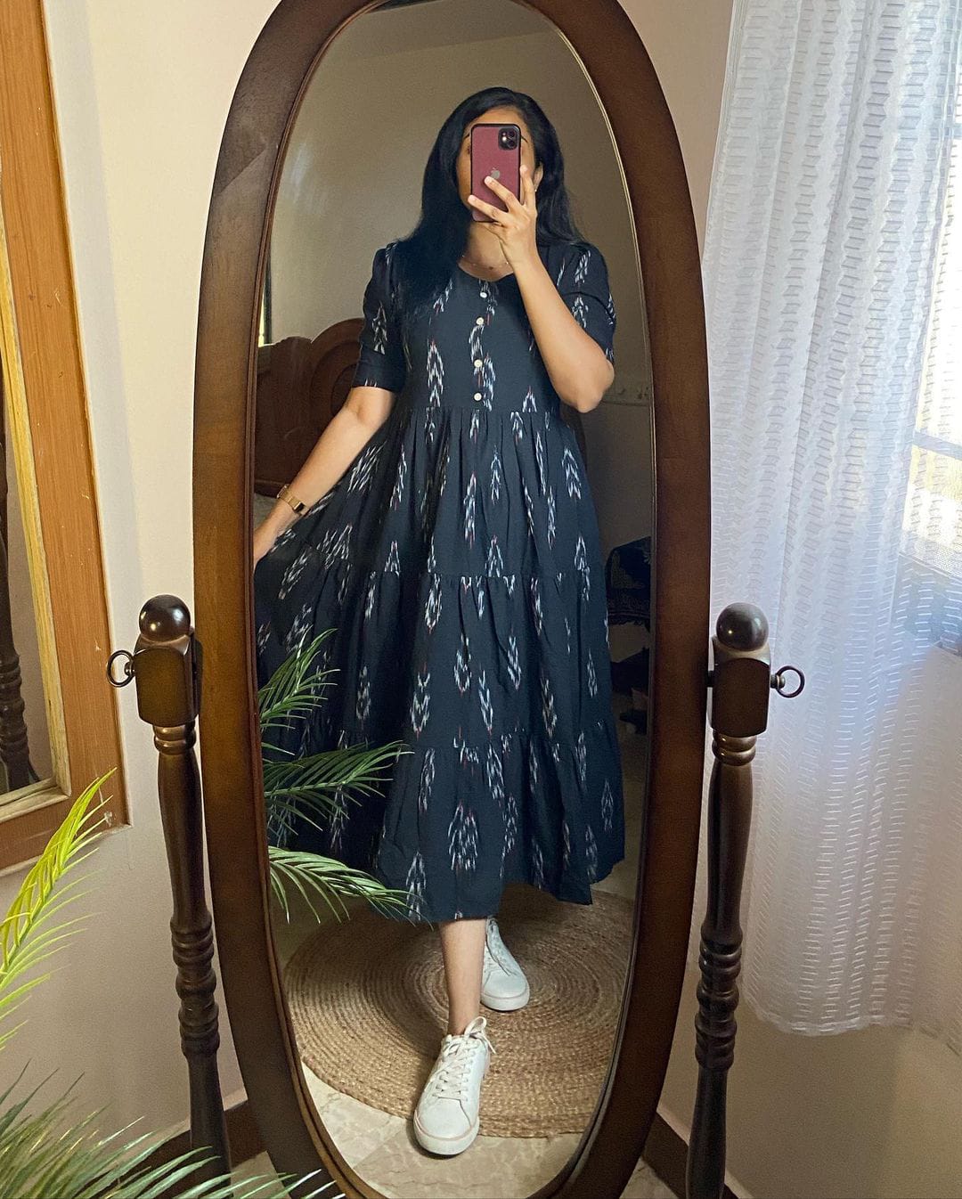 Black Ikkat Print Cotton Flair Middy Gown - 47" Length, 61" Flair