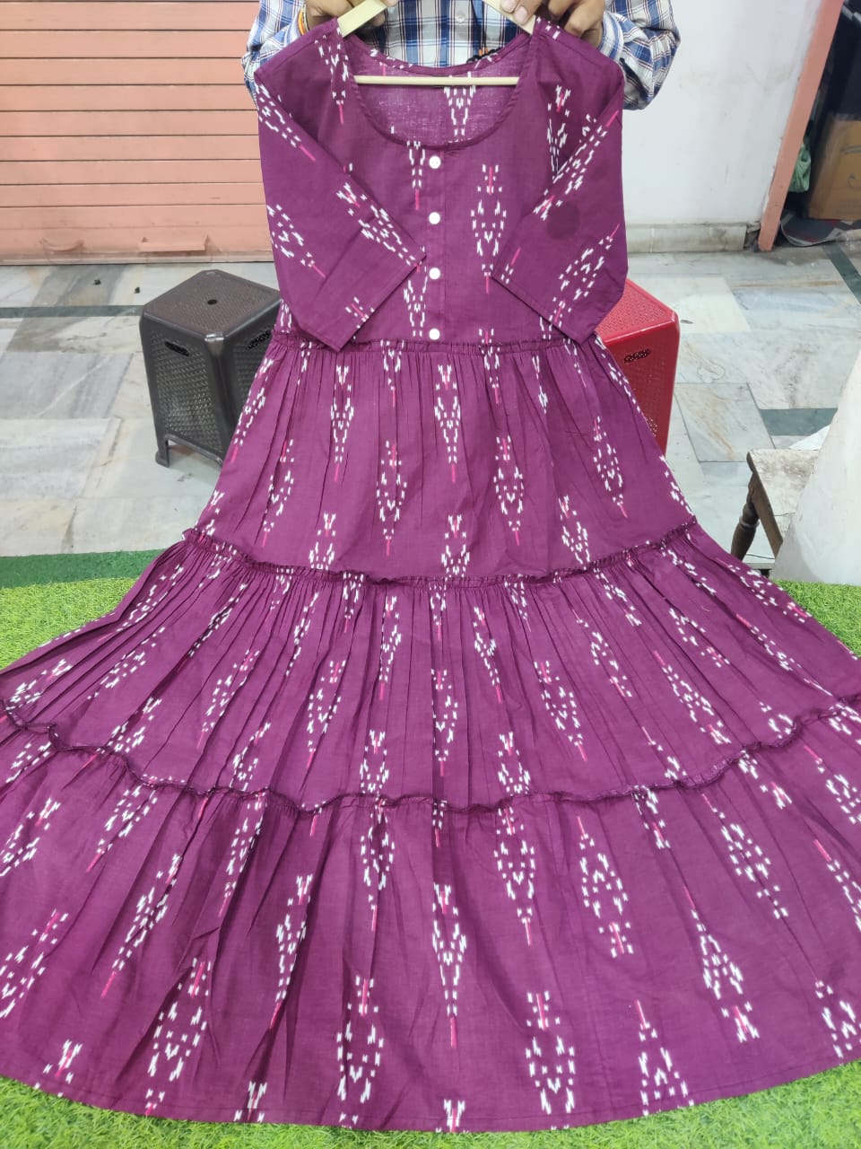 Maroon Ikat Cotton Flair Middy Gown