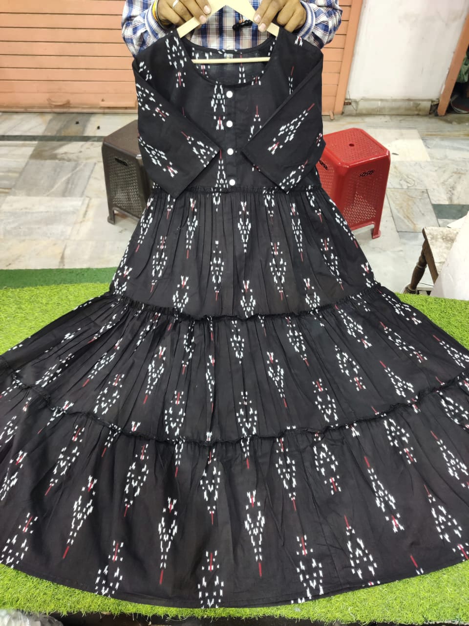 Black Ikkat Print Cotton Flair Middy Gown - 47" Length, 61" Flair