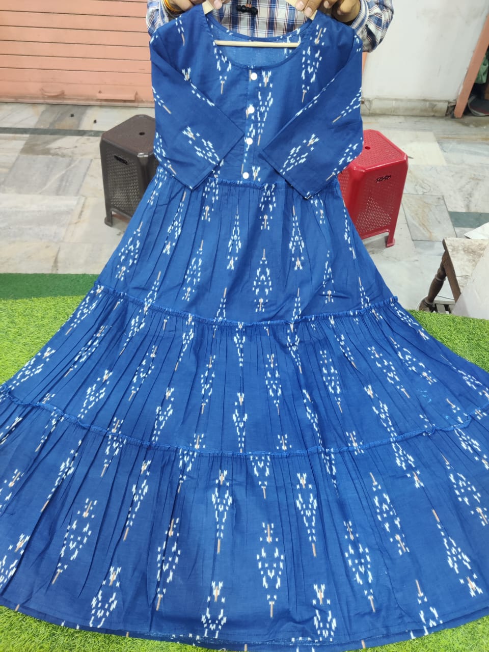 Ikat Middy Flare Gown - Cotton (Blue)