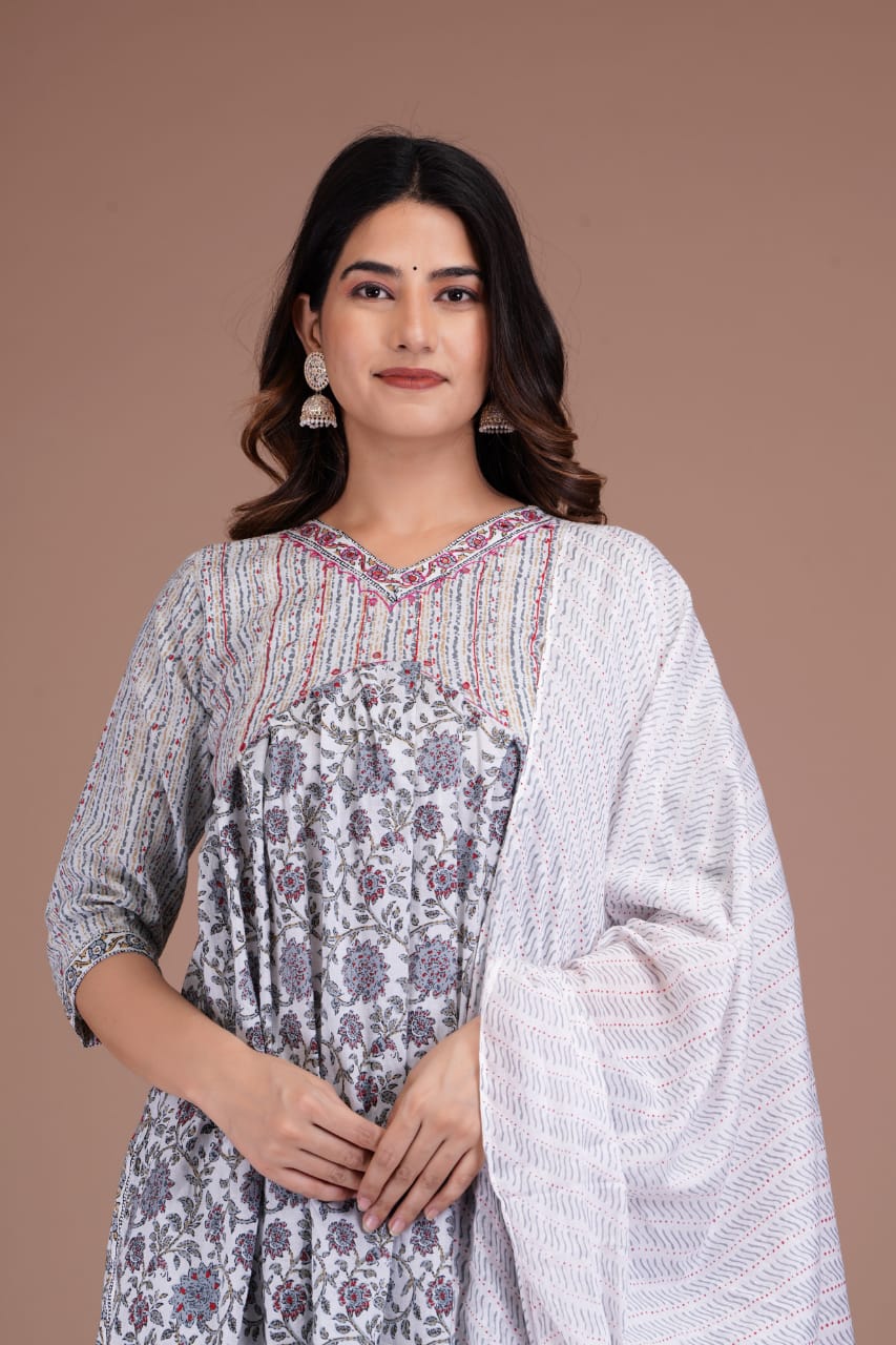 Aaliya Cut Suit Set - Cotton Digital Prints with Neckline Details