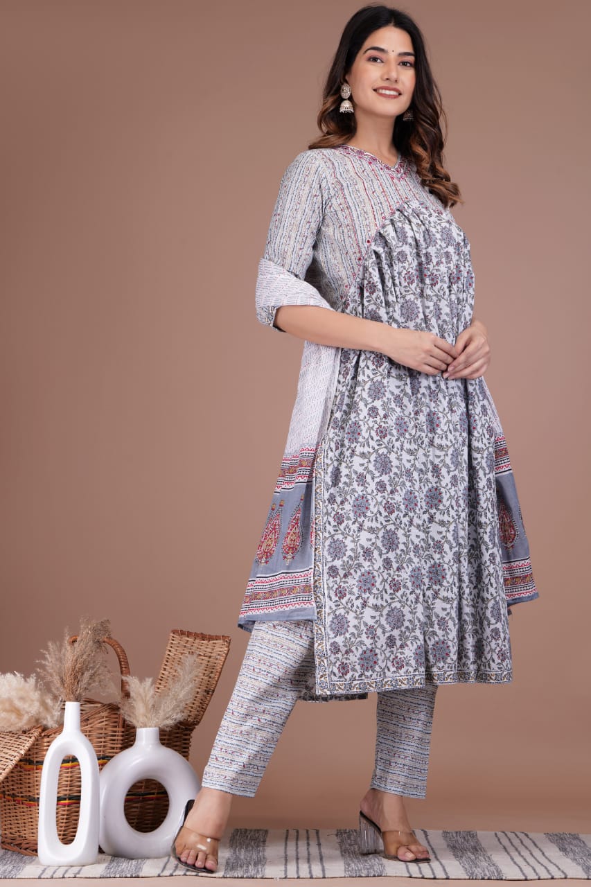 Aaliya Cut Suit Set - Cotton Digital Prints with Neckline Details