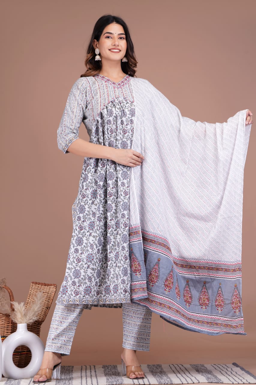 Aaliya Cut Suit Set - Cotton Digital Prints with Neckline Details