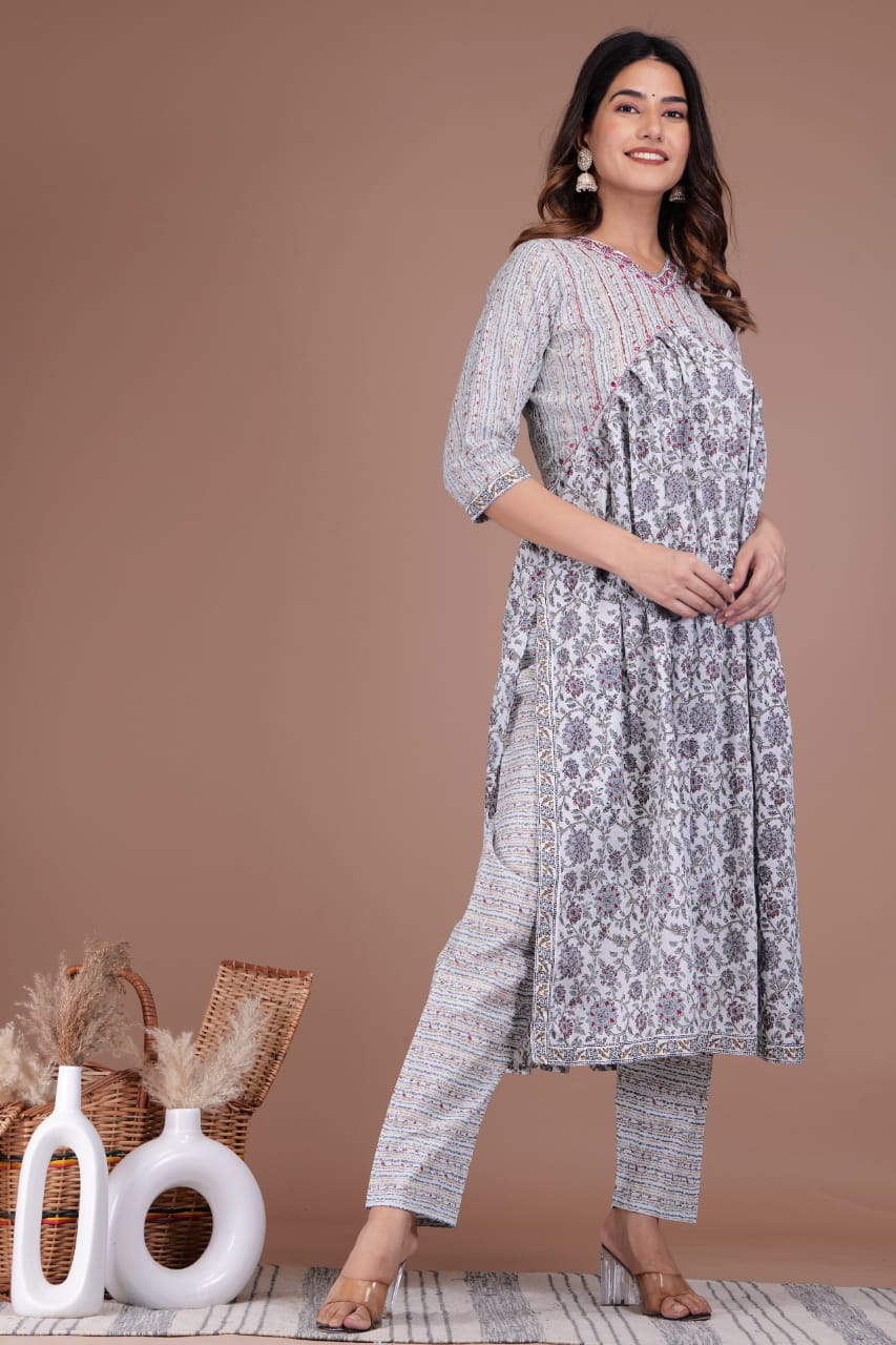 Aaliya Cut Suit Set - Cotton Digital Prints with Neckline Details