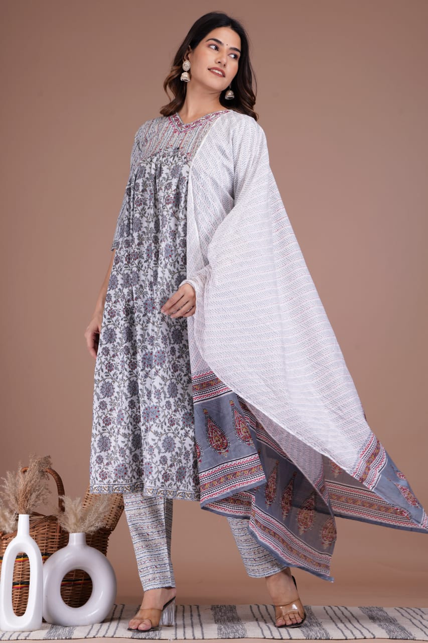 Aaliya Cut Suit Set - Cotton Digital Prints with Neckline Details