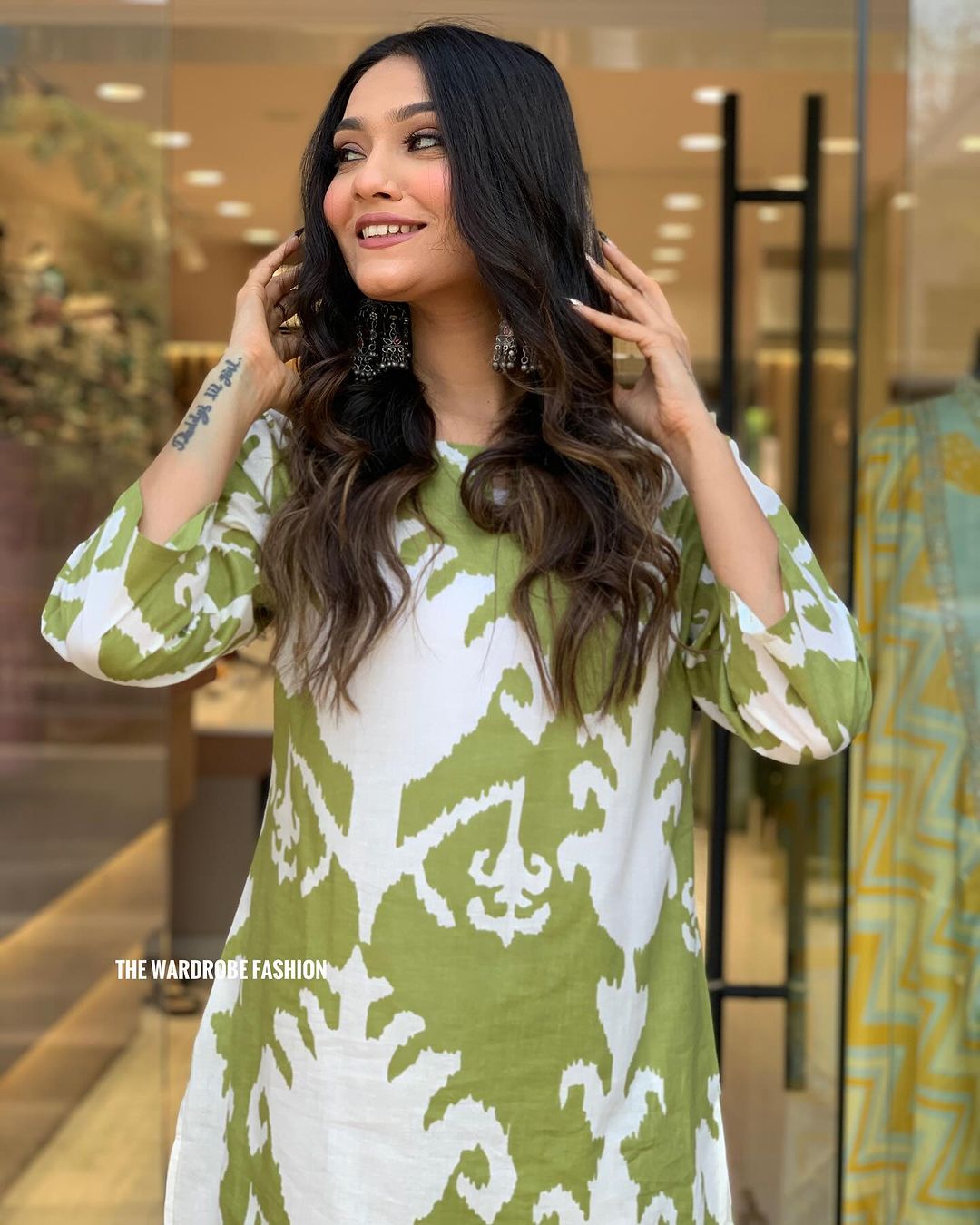 Green & White Cotton Kurti Palazzo Set