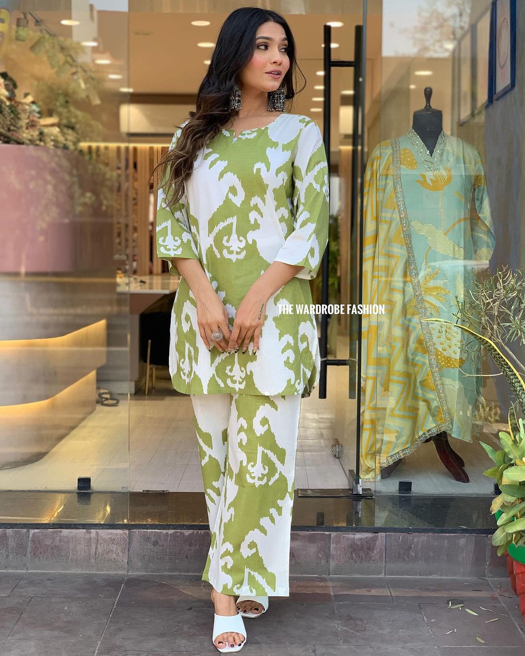 Green & White Cotton Kurti Palazzo Set