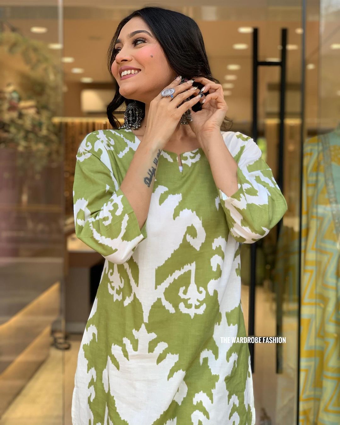 Green & White Cotton Kurti Palazzo Set