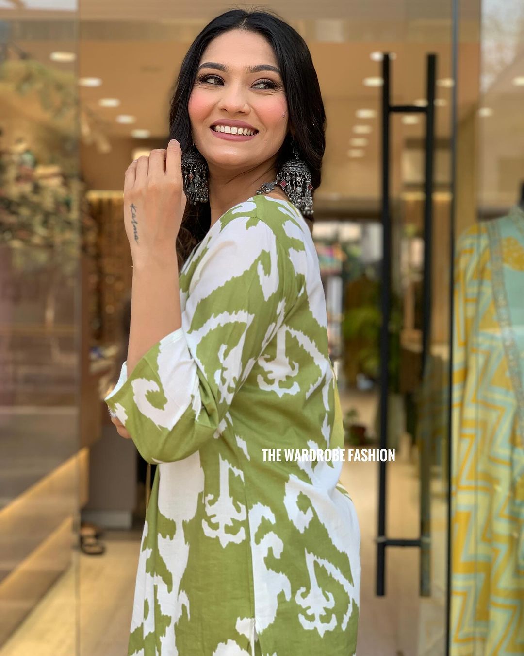 Green & White Cotton Kurti Palazzo Set