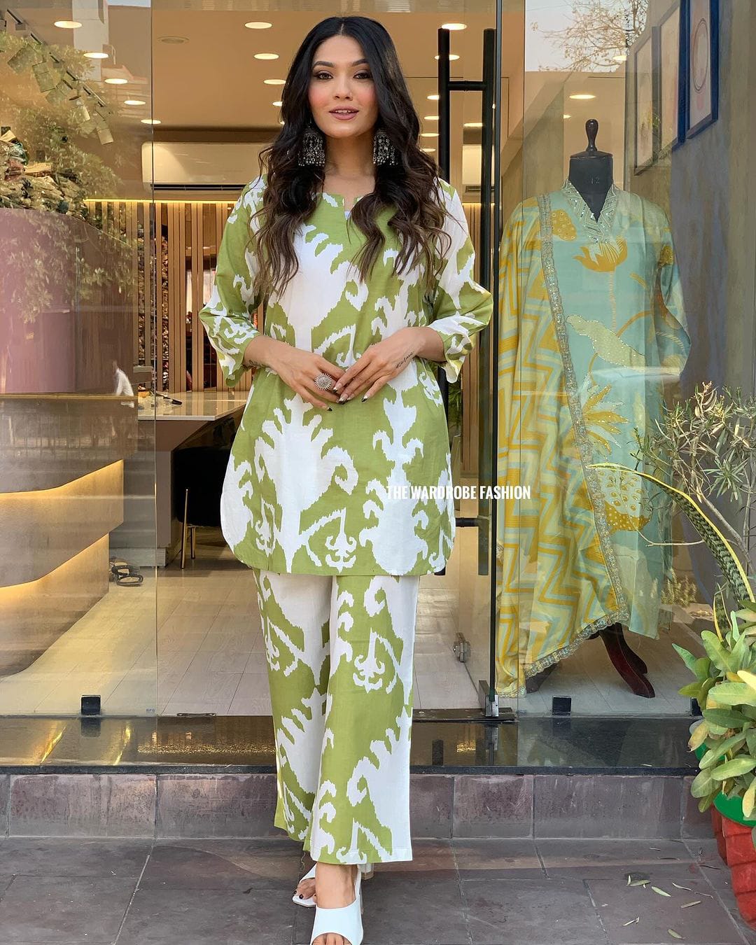 Green & White Cotton Kurti Palazzo Set