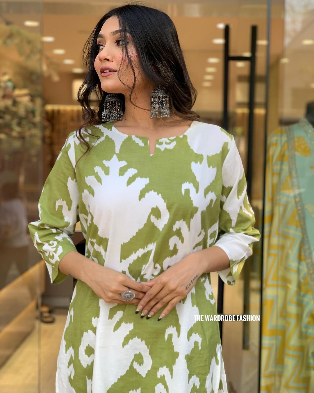 Green & White Cotton Kurti Palazzo Set