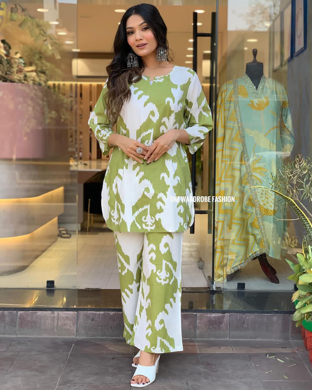 Green & White Cotton Kurti Palazzo Set