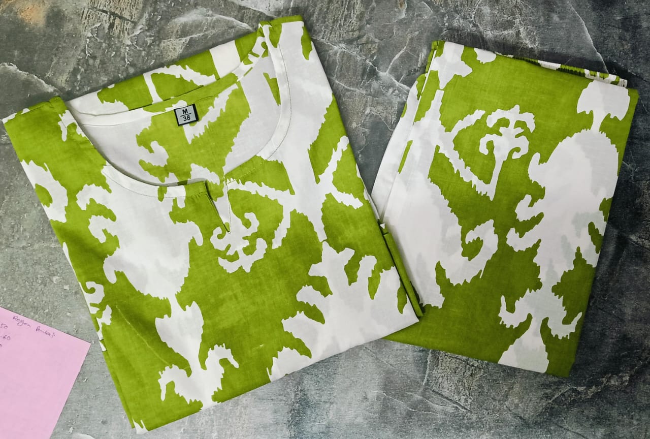 Green & White Cotton Kurti Palazzo Set