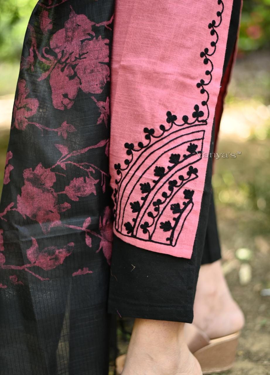 Handloom Cotton Kurta Pant Set with Aari Work Embroidery and Digital Printed Chanderi Dupatta