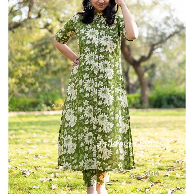 Jaipuri Cotton Co-ord Set with Button Detail Kurti and Printed Pant