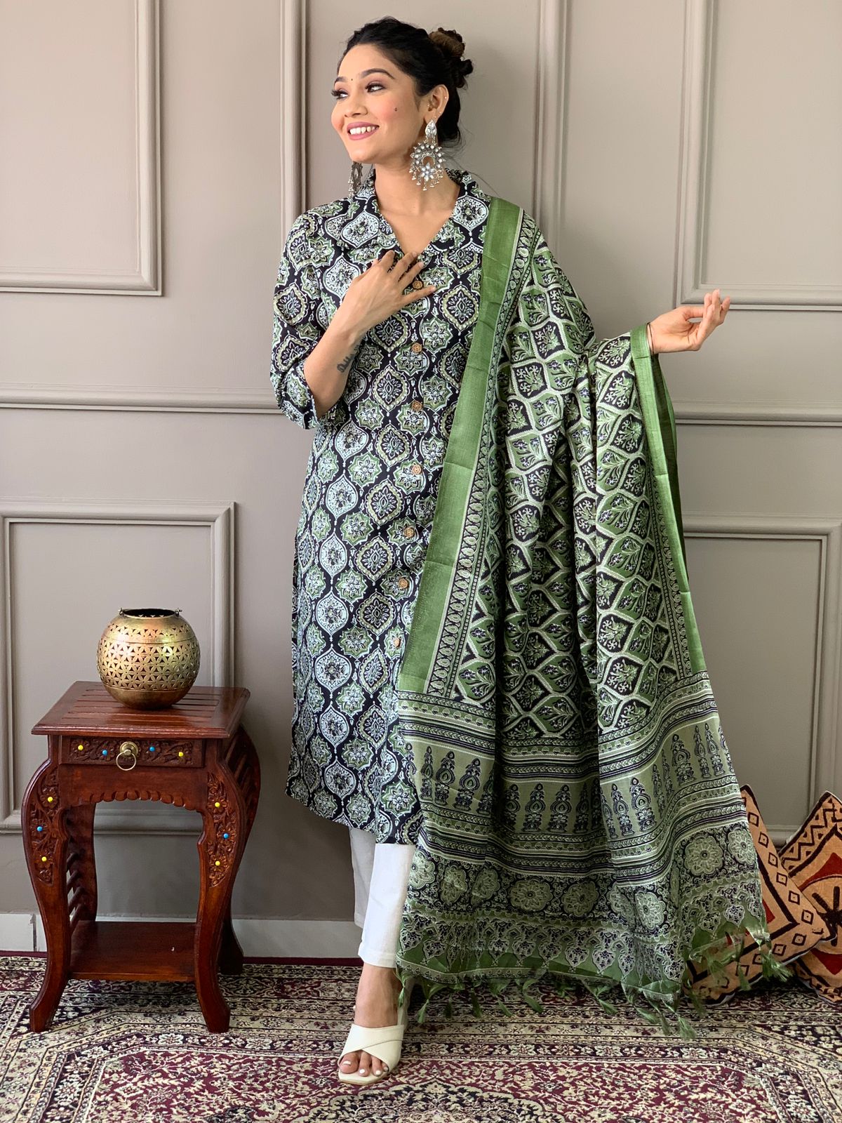 Ajrakh Work Cotton Kurta Set with Silk Dupatta
