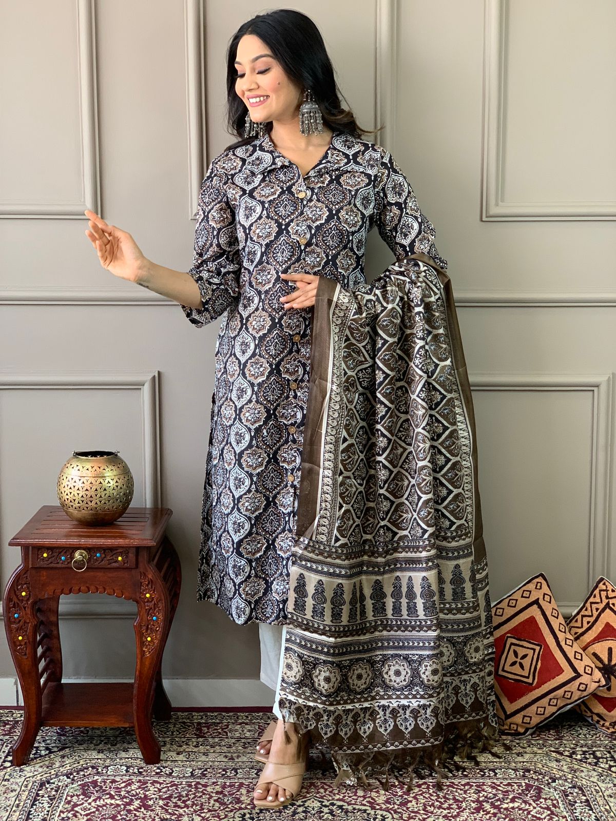 Ajrakh Work Cotton Kurta Set with Dupatta