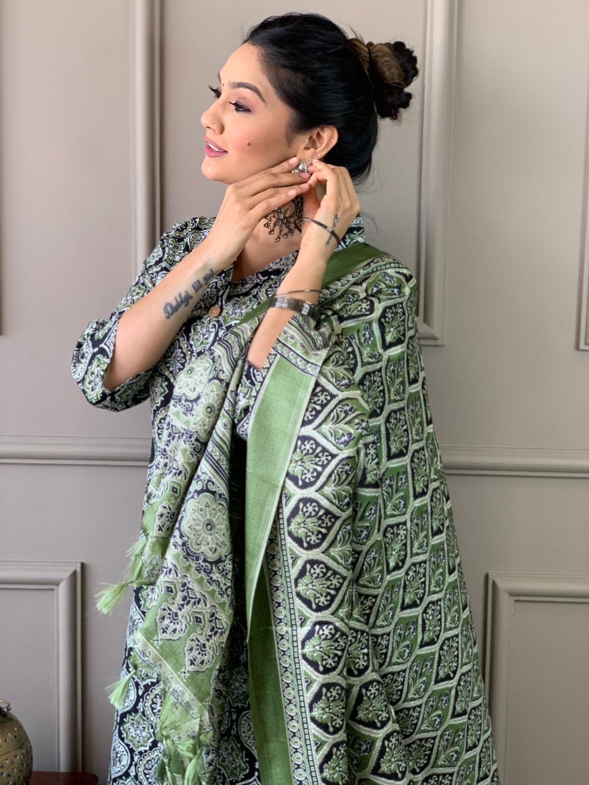 Ajrakh Work Cotton Kurta Set with Silk Dupatta