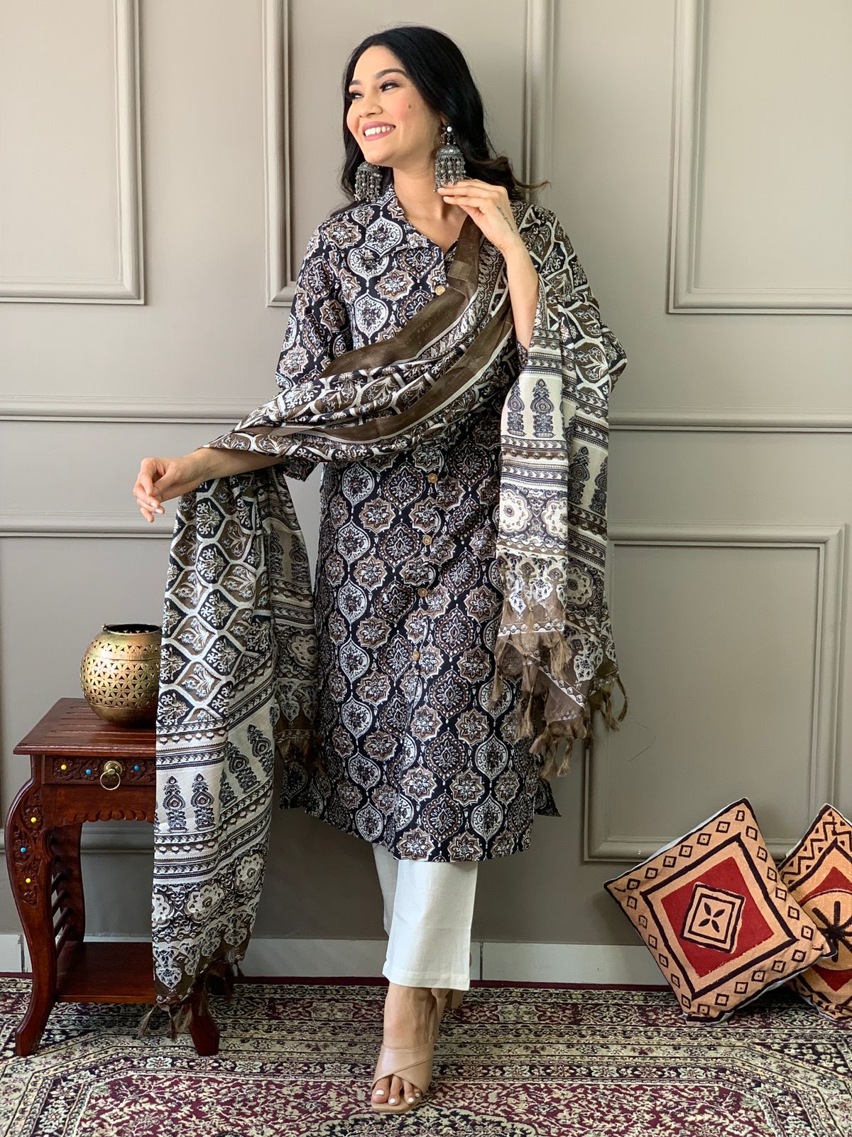 Ajrakh Work Cotton Kurta Set with Dupatta