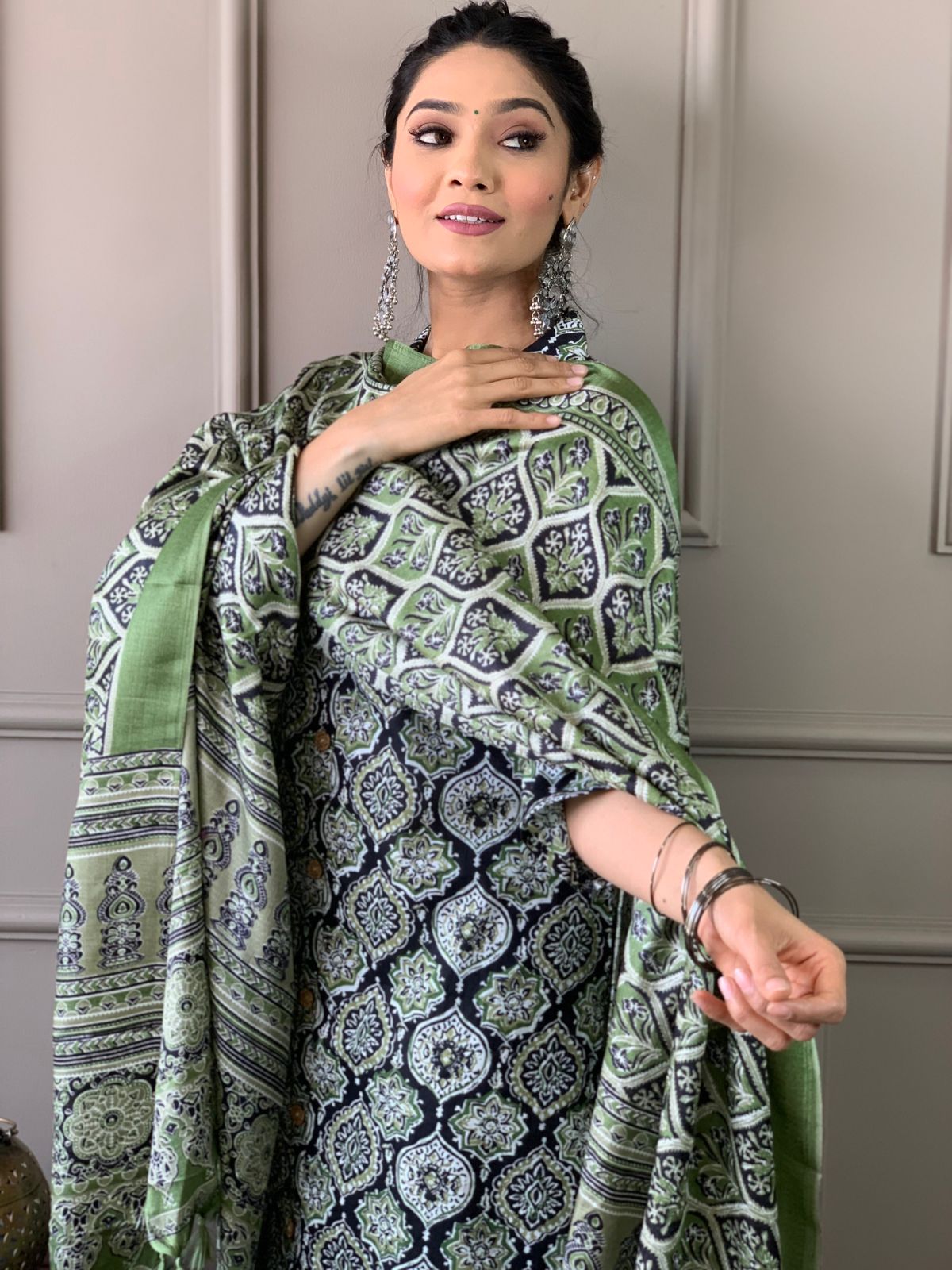Ajrakh Work Cotton Kurta Set with Silk Dupatta