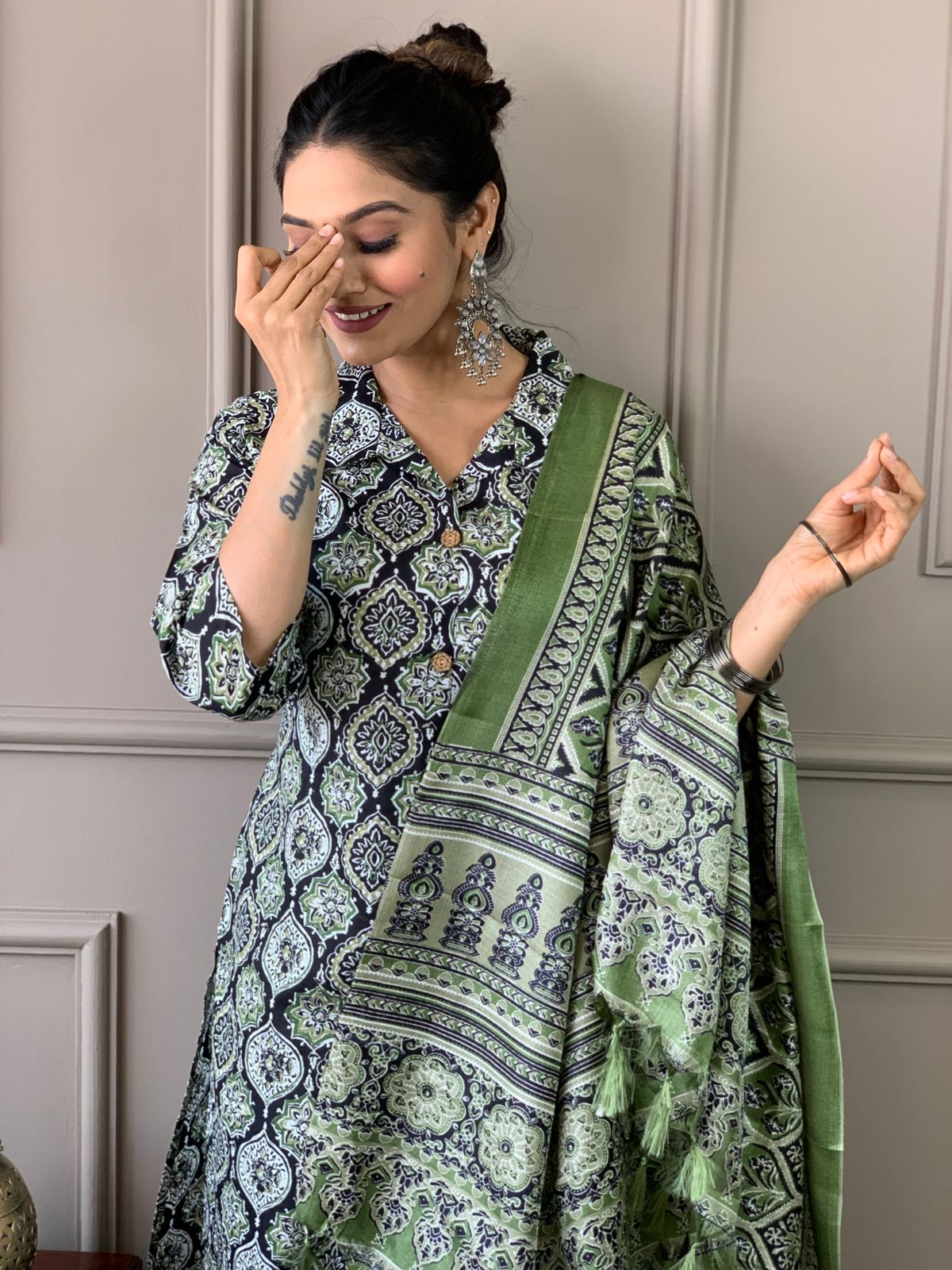 Ajrakh Work Cotton Kurta Set with Silk Dupatta