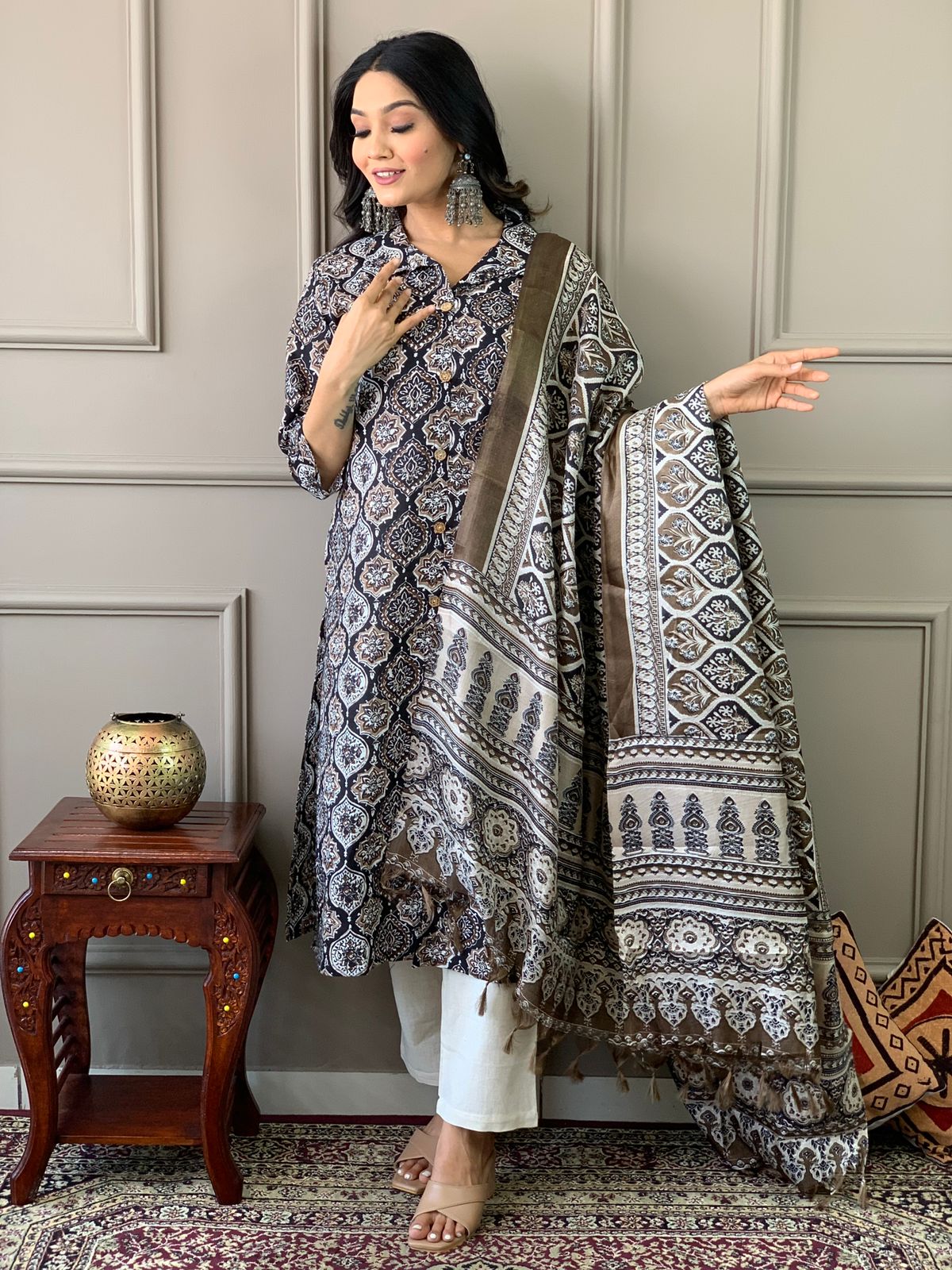 Ajrakh Work Cotton Kurta Set with Dupatta
