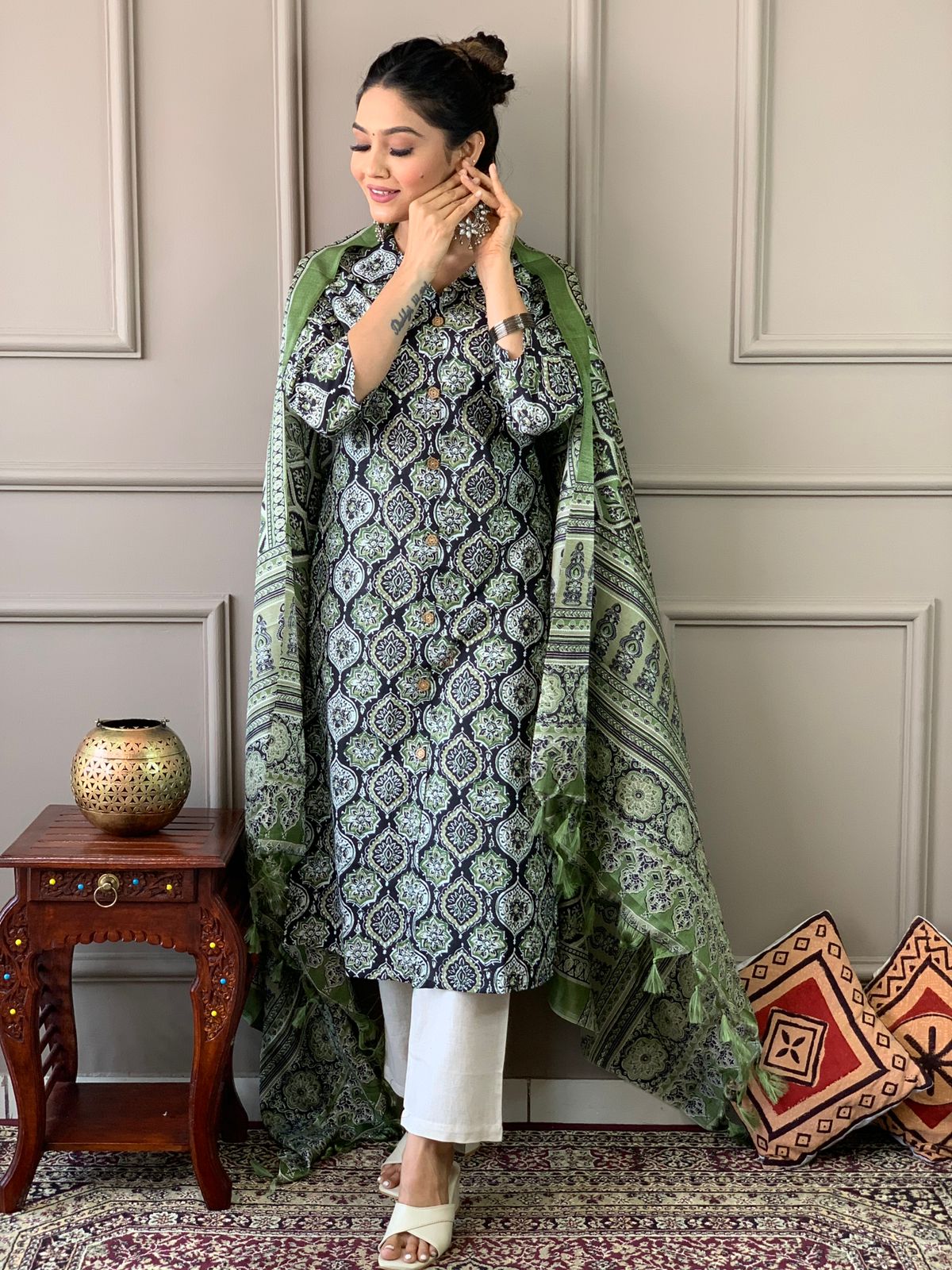 Ajrakh Work Cotton Kurta Set with Silk Dupatta