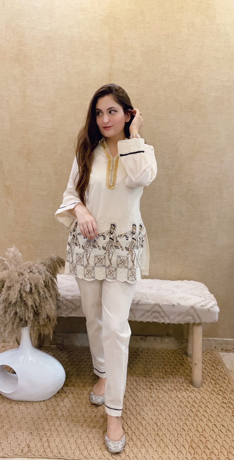 Cream Magic Cotton Kurti & Pant Co-Ord Set with Lace & Gota Work (Surat Print)
