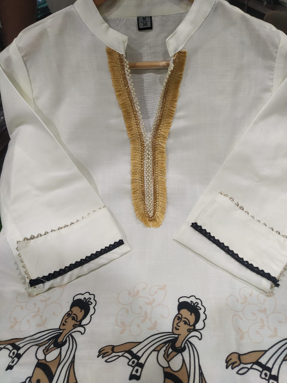 Cream Magic Cotton Kurti & Pant Co-Ord Set with Lace & Gota Work (Surat Print)