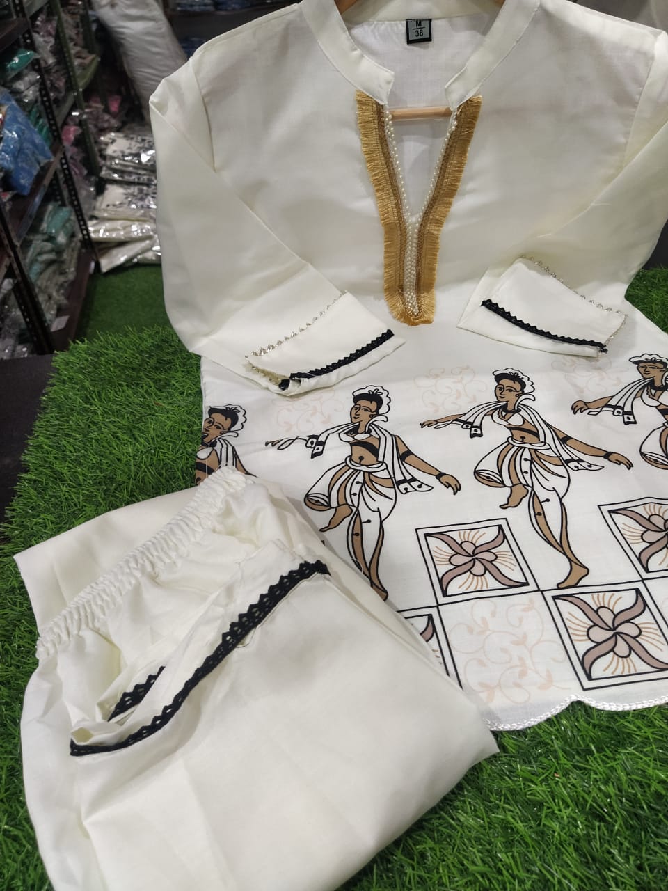 Cream Magic Cotton Kurti & Pant Co-Ord Set with Lace & Gota Work (Surat Print)