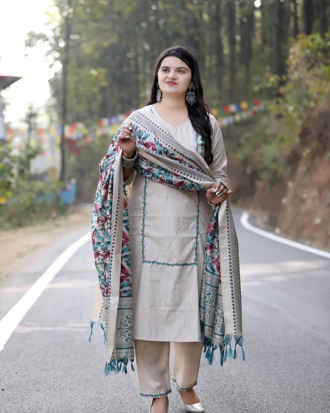 Handloom Cotton Kurta Pant and Ikat Print Dupatta Set with Resham Embroidery
