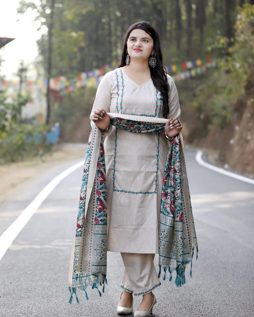 Handloom Cotton Kurta Pant and Ikat Print Dupatta Set with Resham Embroidery