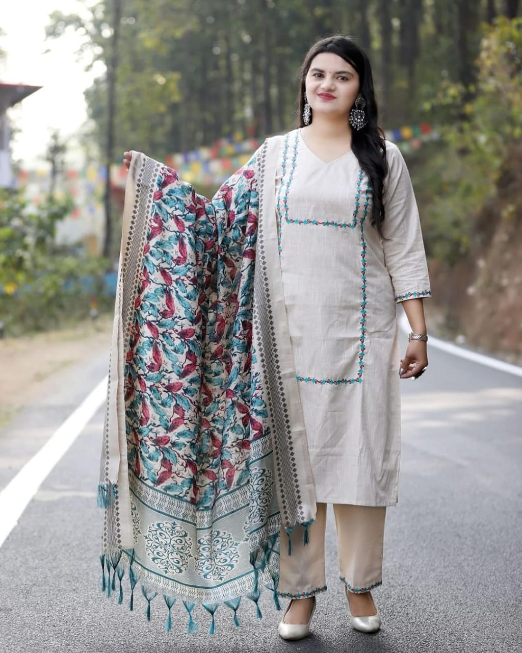 Handloom Cotton Kurta Pant and Ikat Print Dupatta Set with Resham Embroidery