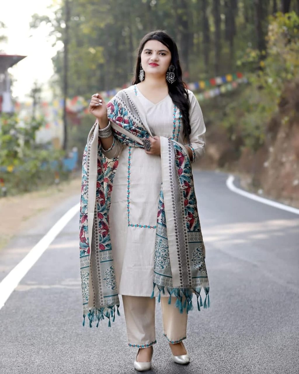 Handloom Cotton Kurta Pant and Ikat Print Dupatta Set with Resham Embroidery