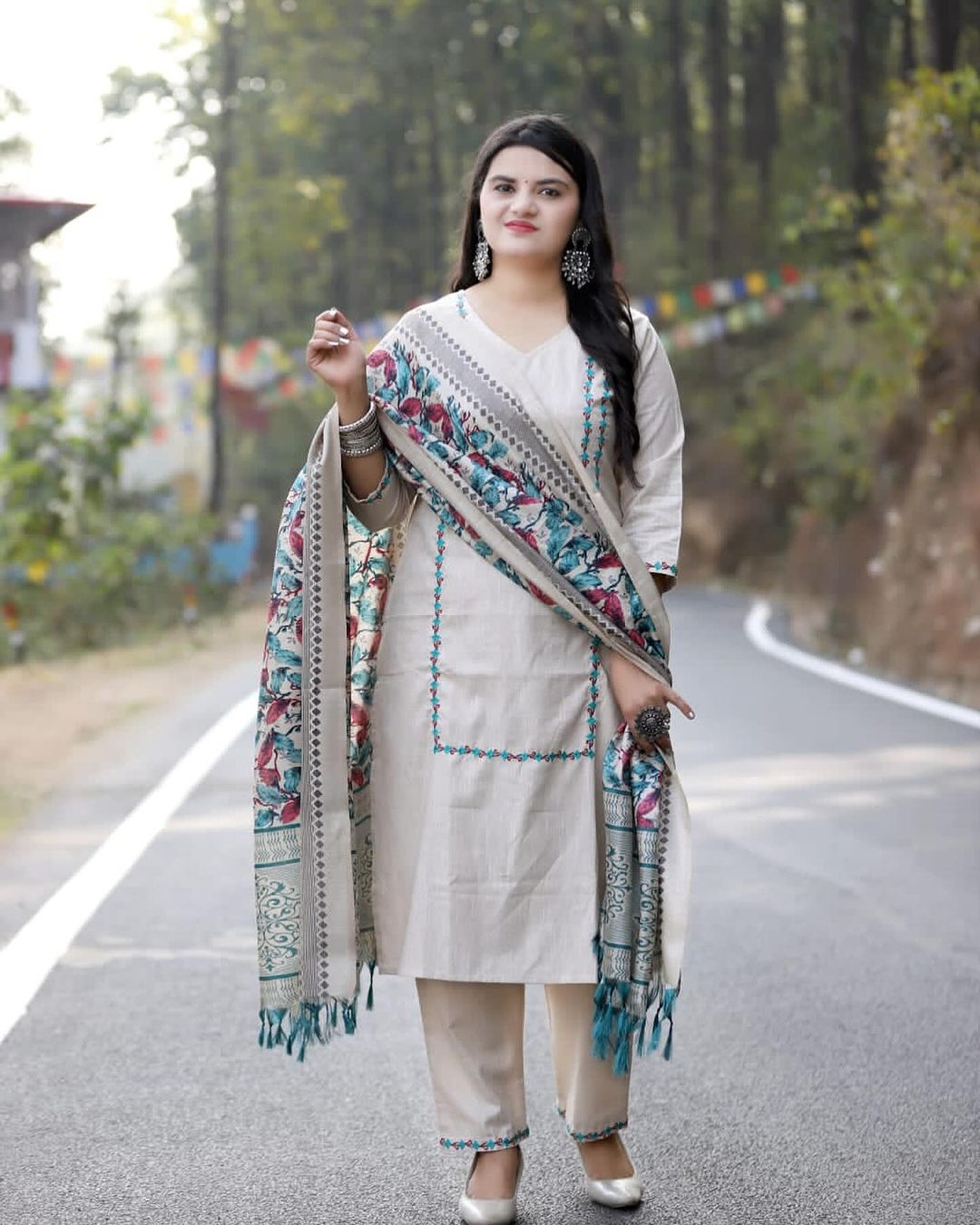 Handloom Cotton Kurta Pant and Ikat Print Dupatta Set with Resham Embroidery