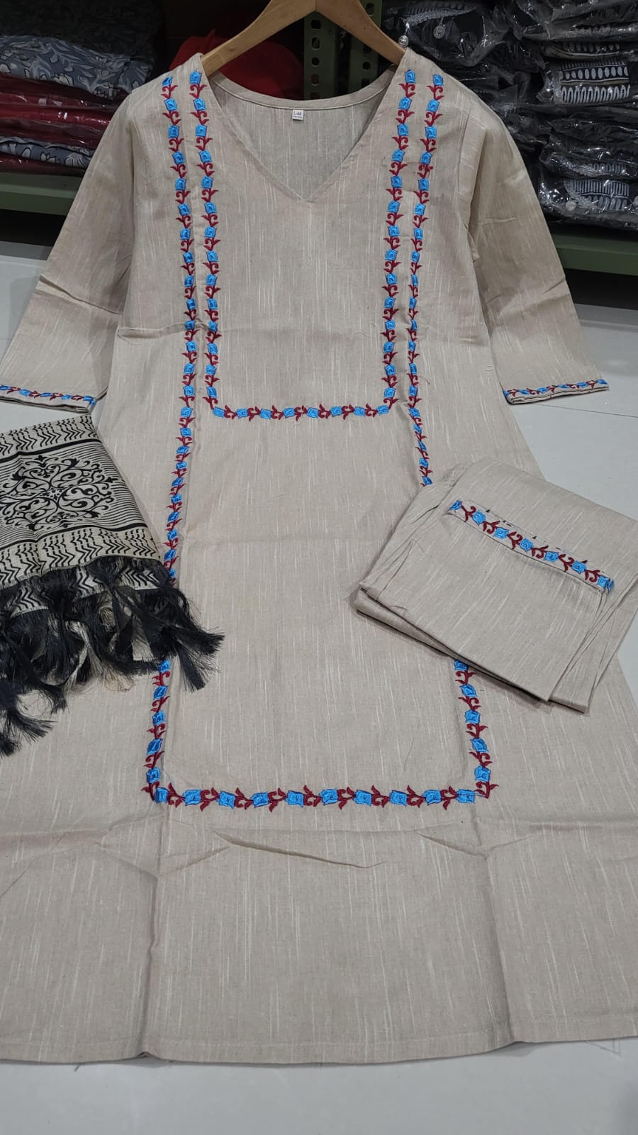 Handloom Cotton Kurta Pant and Ikat Print Dupatta Set with Resham Embroidery