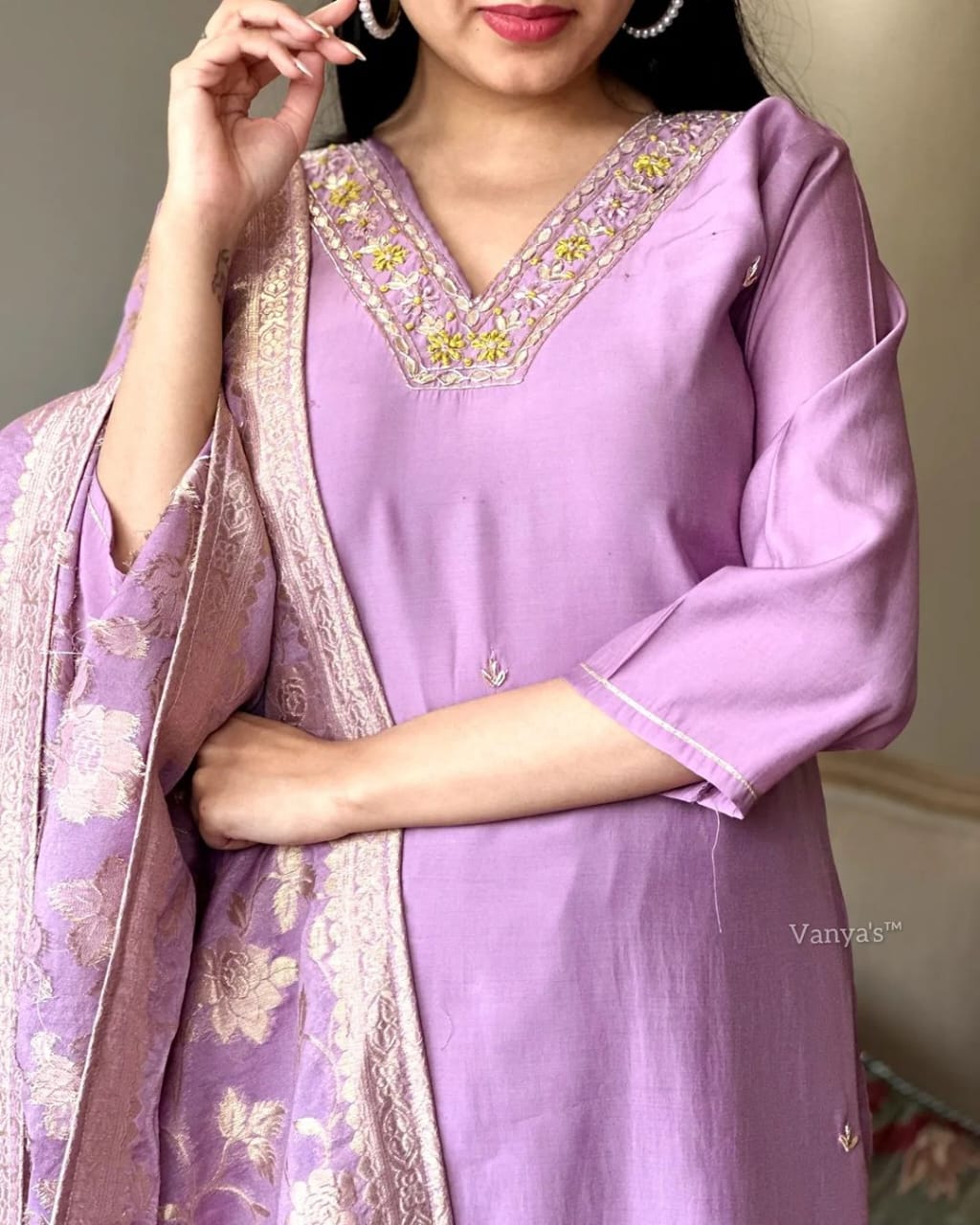 Embroidered Rayon Slub Kurta Set with Banarsi Silk Dupatta