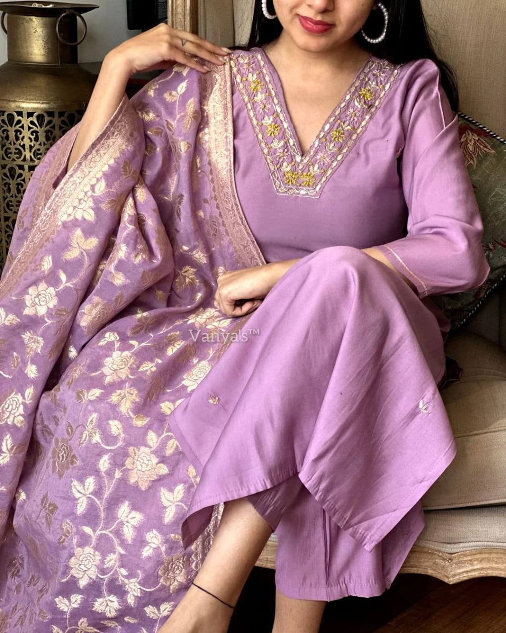 Embroidered Rayon Slub Kurta Set with Banarsi Silk Dupatta