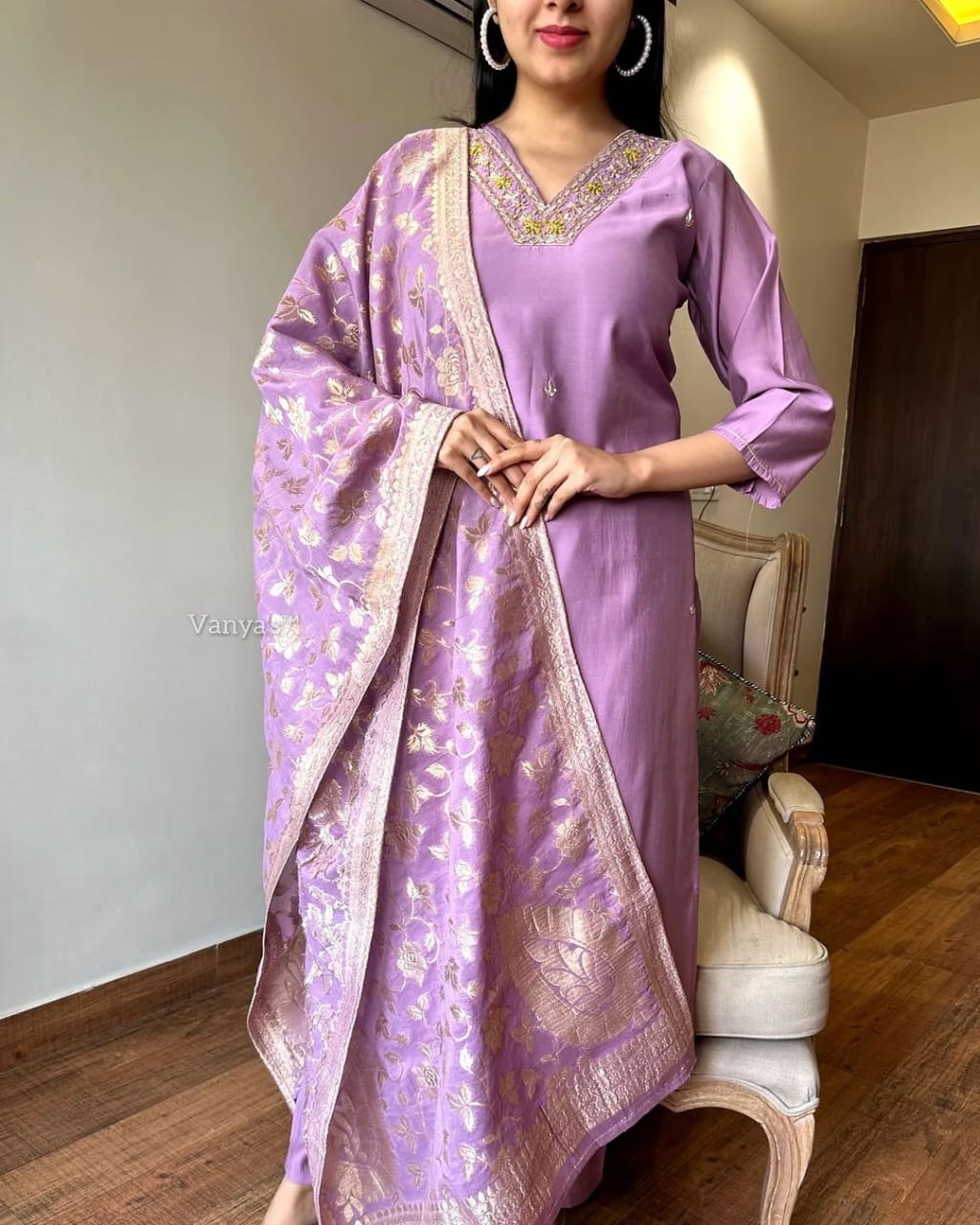 Embroidered Rayon Slub Kurta Set with Banarsi Silk Dupatta