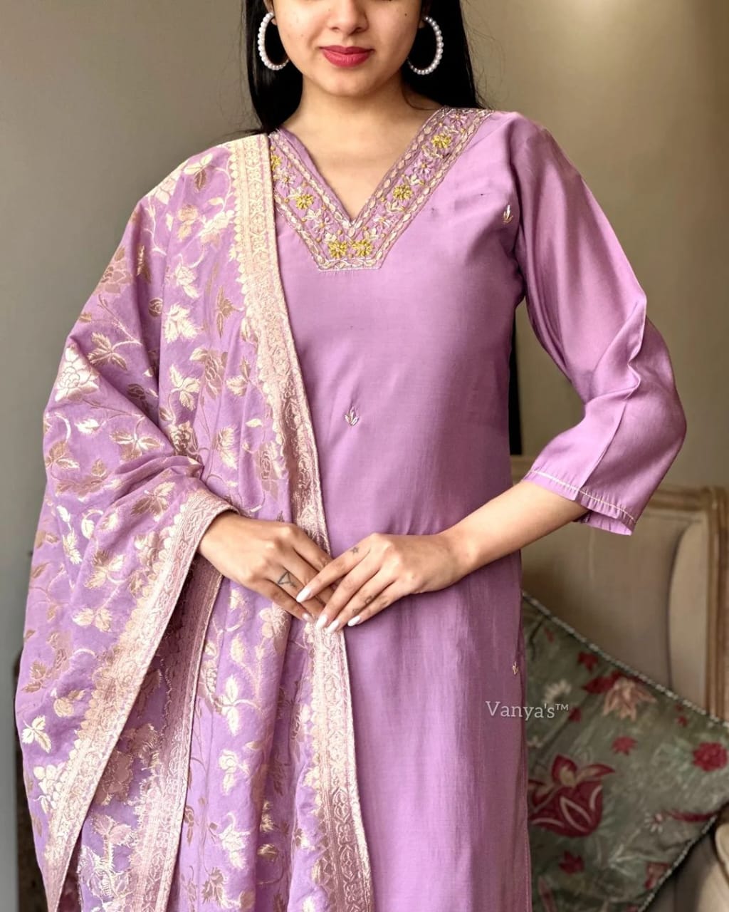 Embroidered Rayon Slub Kurta Set with Banarsi Silk Dupatta