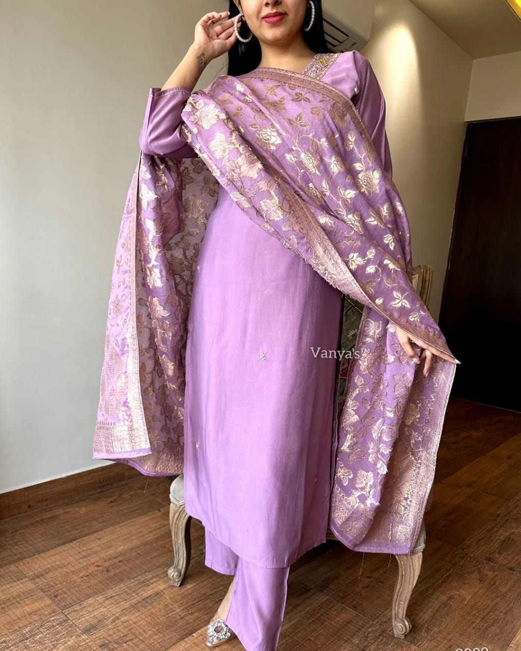 Embroidered Rayon Slub Kurta Set with Banarsi Silk Dupatta