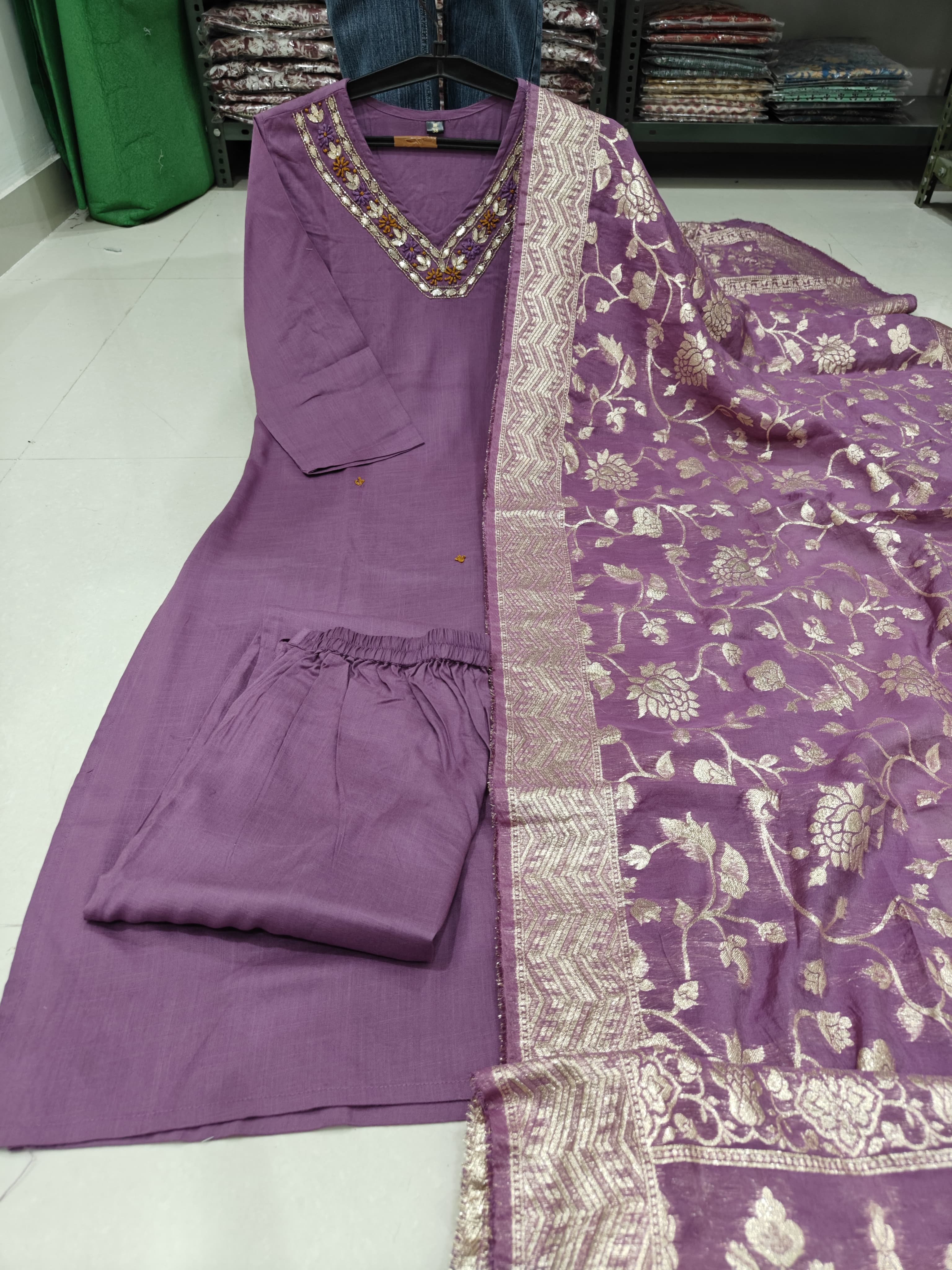 Embroidered Rayon Slub Kurta Set with Banarsi Silk Dupatta