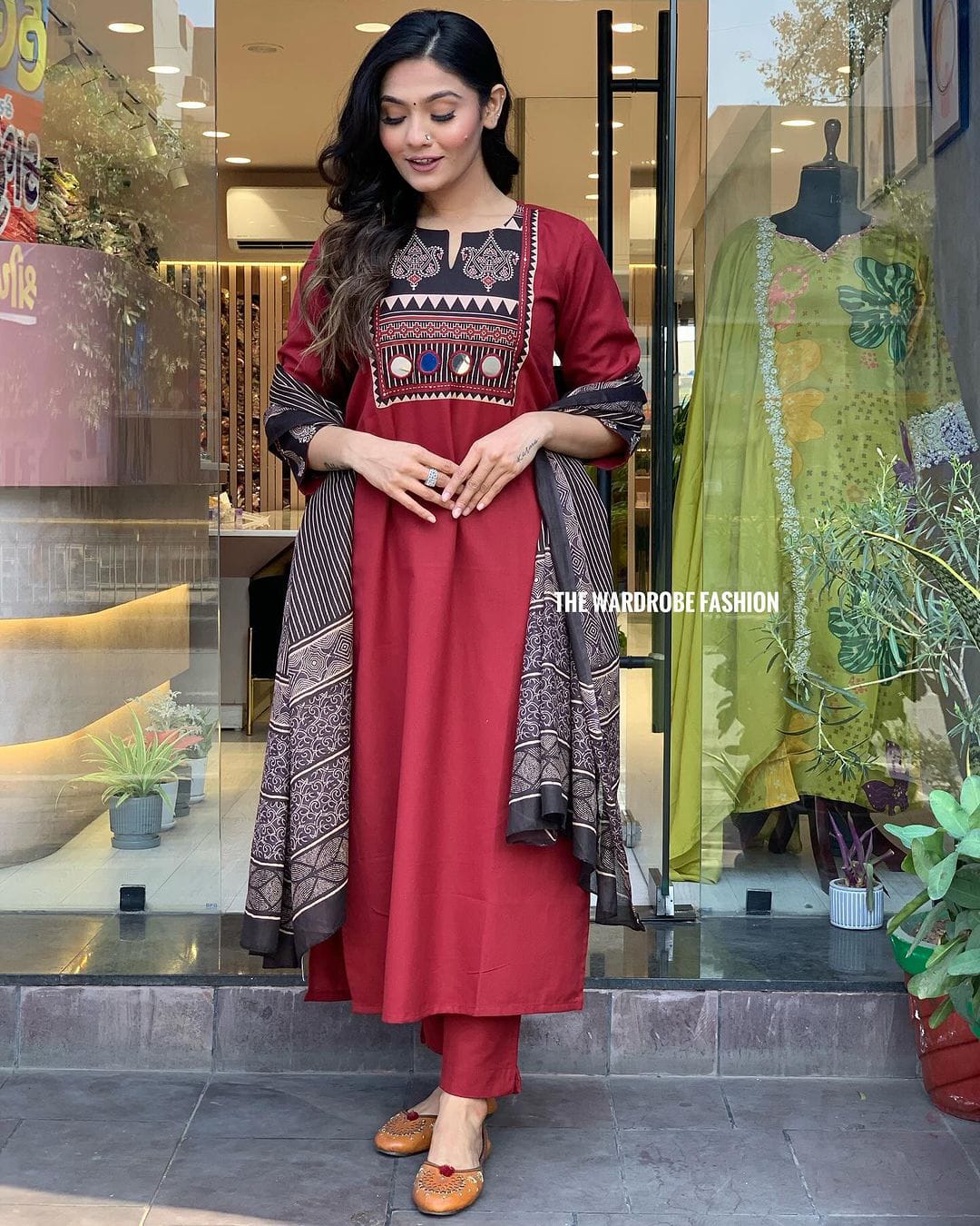 Maroon Cotton Kurti Set with Adda Work, Border Sleeves & Mulmul Dupatta