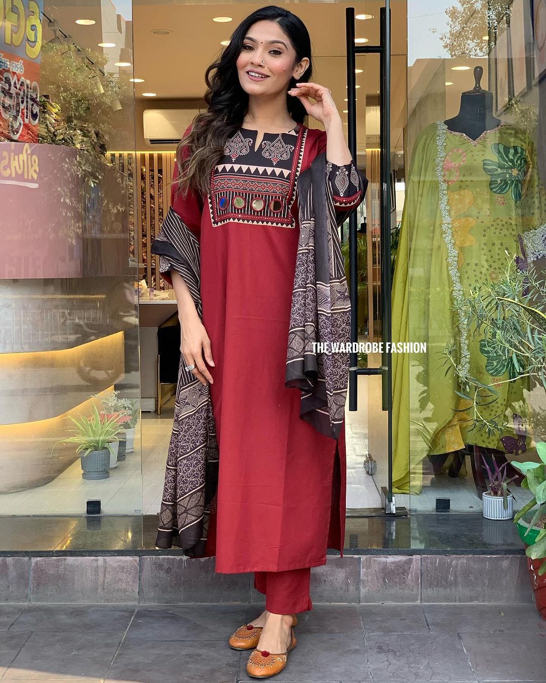 Maroon Cotton Kurti Set with Adda Work, Border Sleeves & Mulmul Dupatta