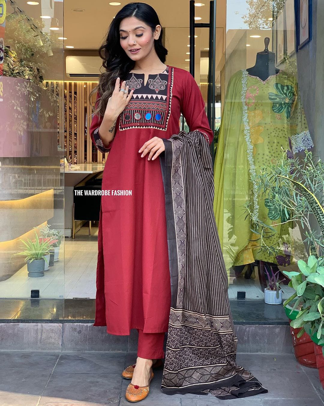 Maroon Cotton Kurti Set with Adda Work, Border Sleeves & Mulmul Dupatta