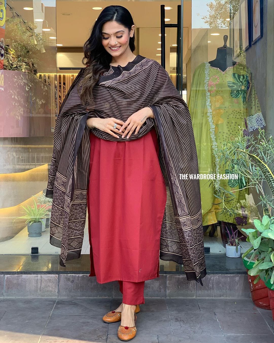 Maroon Cotton Kurti Set with Adda Work, Border Sleeves & Mulmul Dupatta