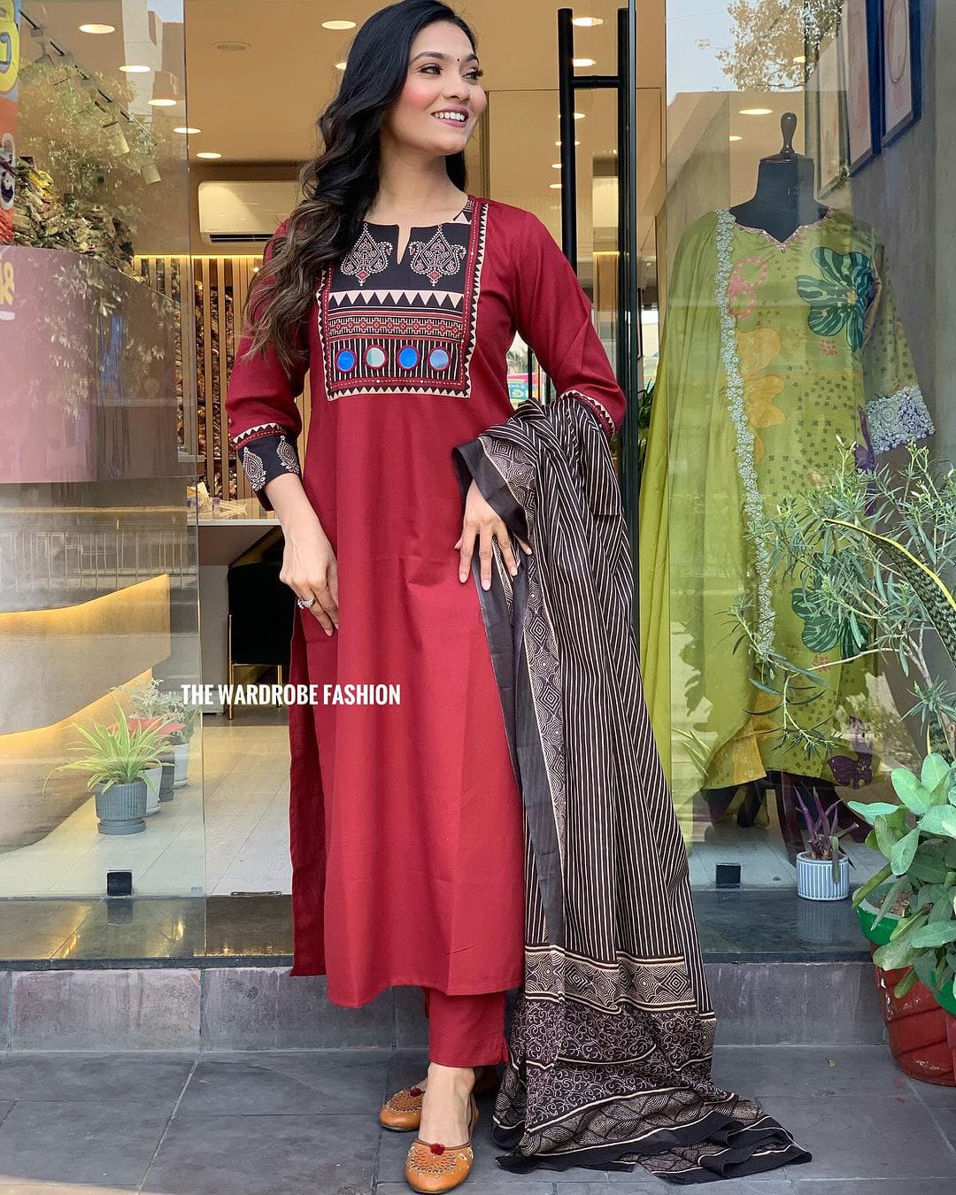 Maroon Cotton Kurti Set with Adda Work, Border Sleeves & Mulmul Dupatta